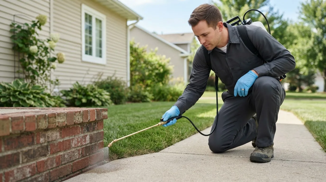 Pest control technician treating a home near Canal Winchester, OH